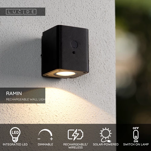 Lucide RAMIN - Wall light Indoor/Outdoor- Solar - LED Dim. - 1x1W 2850K/3150K - IP54 - Motion & Day/Night Sensor - Black - USP